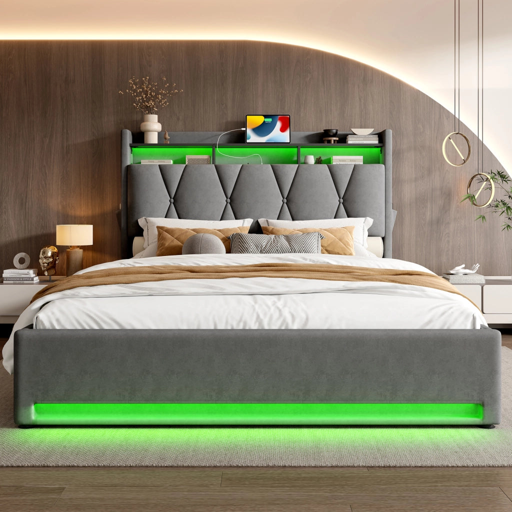 Letto contenitore 140x200 cm con LED, USB e Type-C, testiera con vano e ripiano, velluto grigio scuro