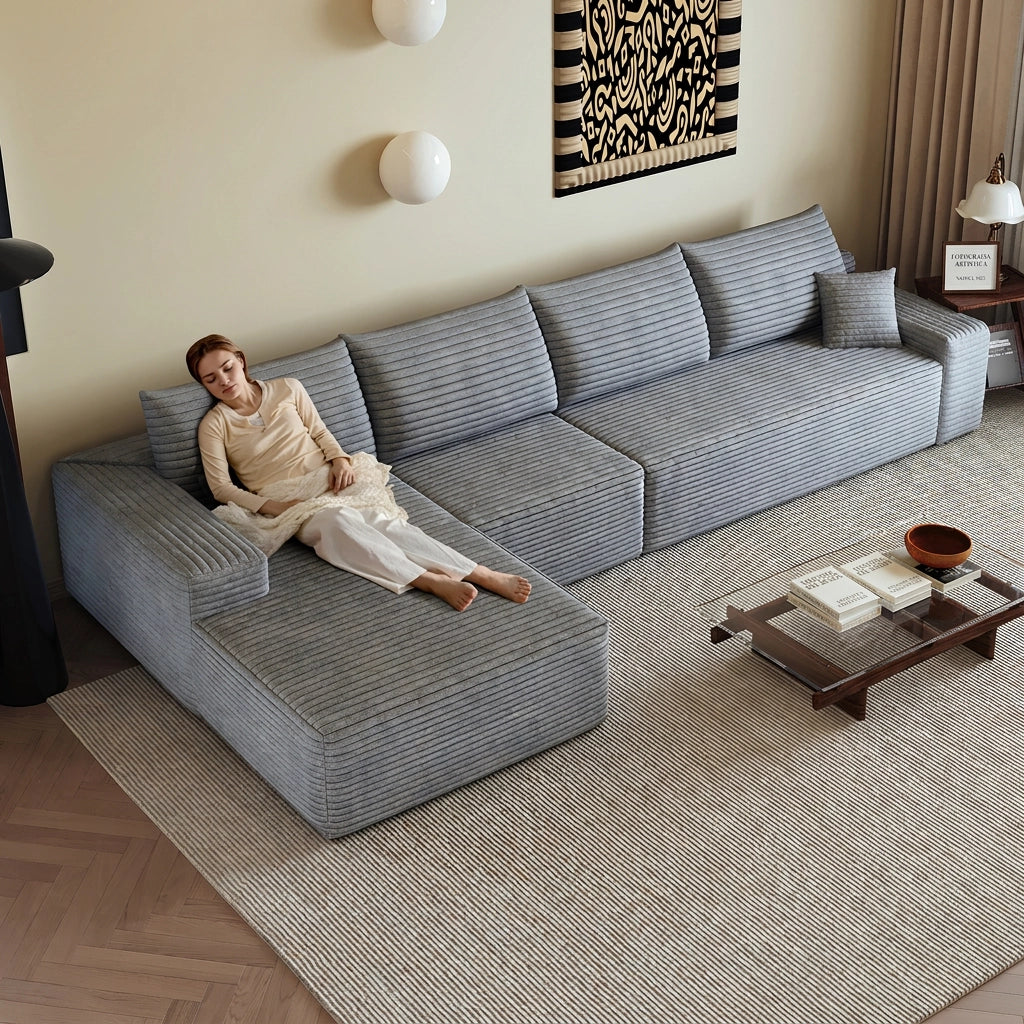 Divano angolare modulare 340 cm con chaise longue a L; 4 posti; velluto a coste; grigio