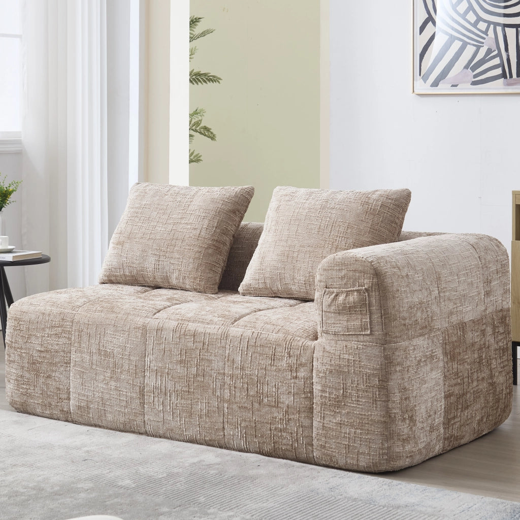 Divano 2 Posti con Cuscini e Tasche Laterali ¨C MINIMAL ¨C Tessuto Beige