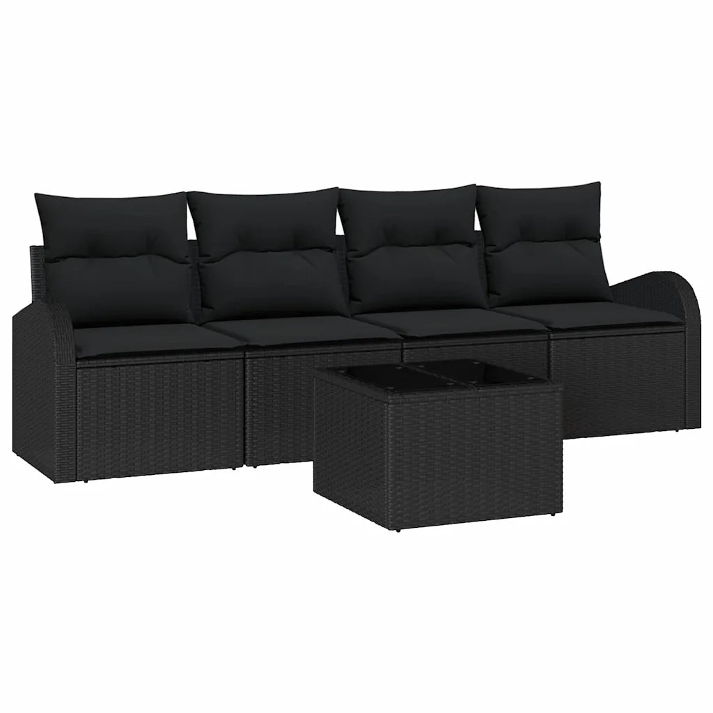 Set Divano da Giardino 5 pcs Nero Polyrattan, Acciaio e Vetro