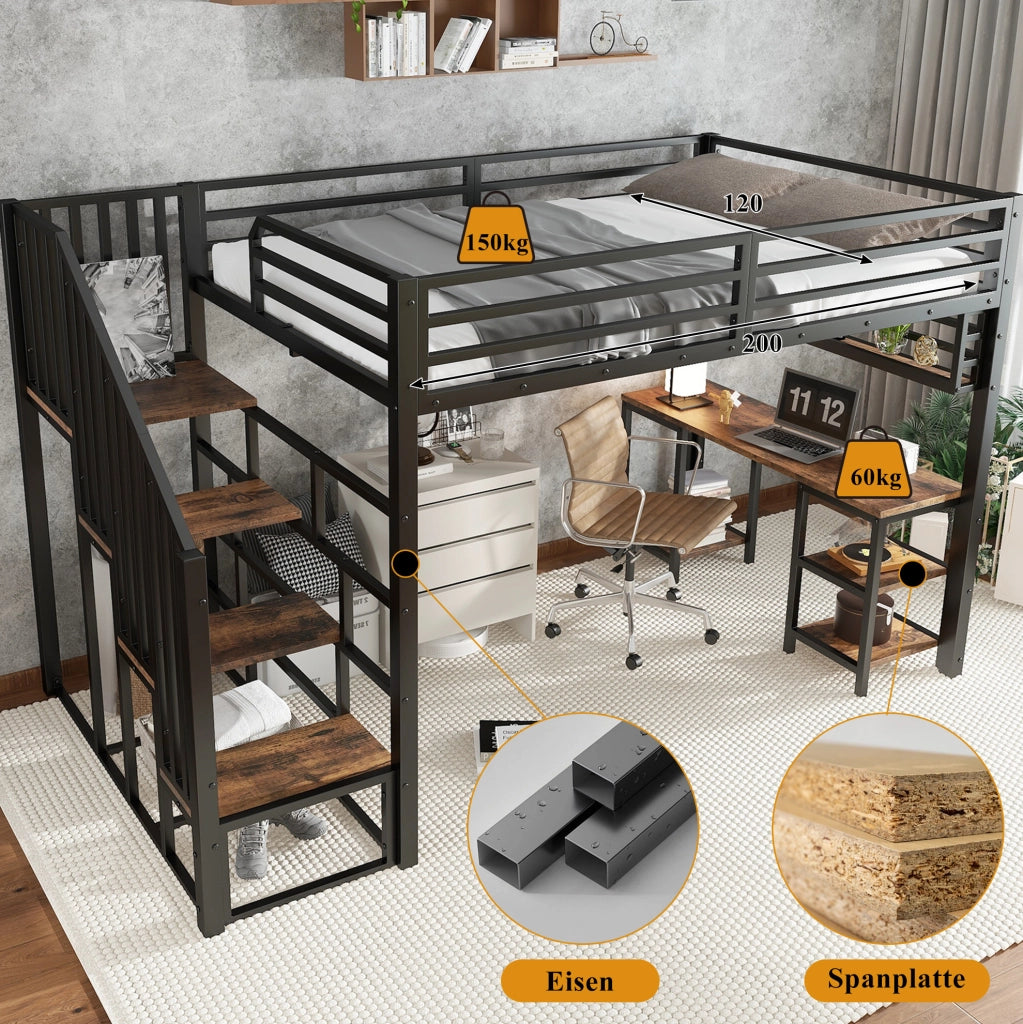 Letto a soppalco 120x200 cm con scrivania integrata e scaffale; metallo e legno; nero e noce scuro