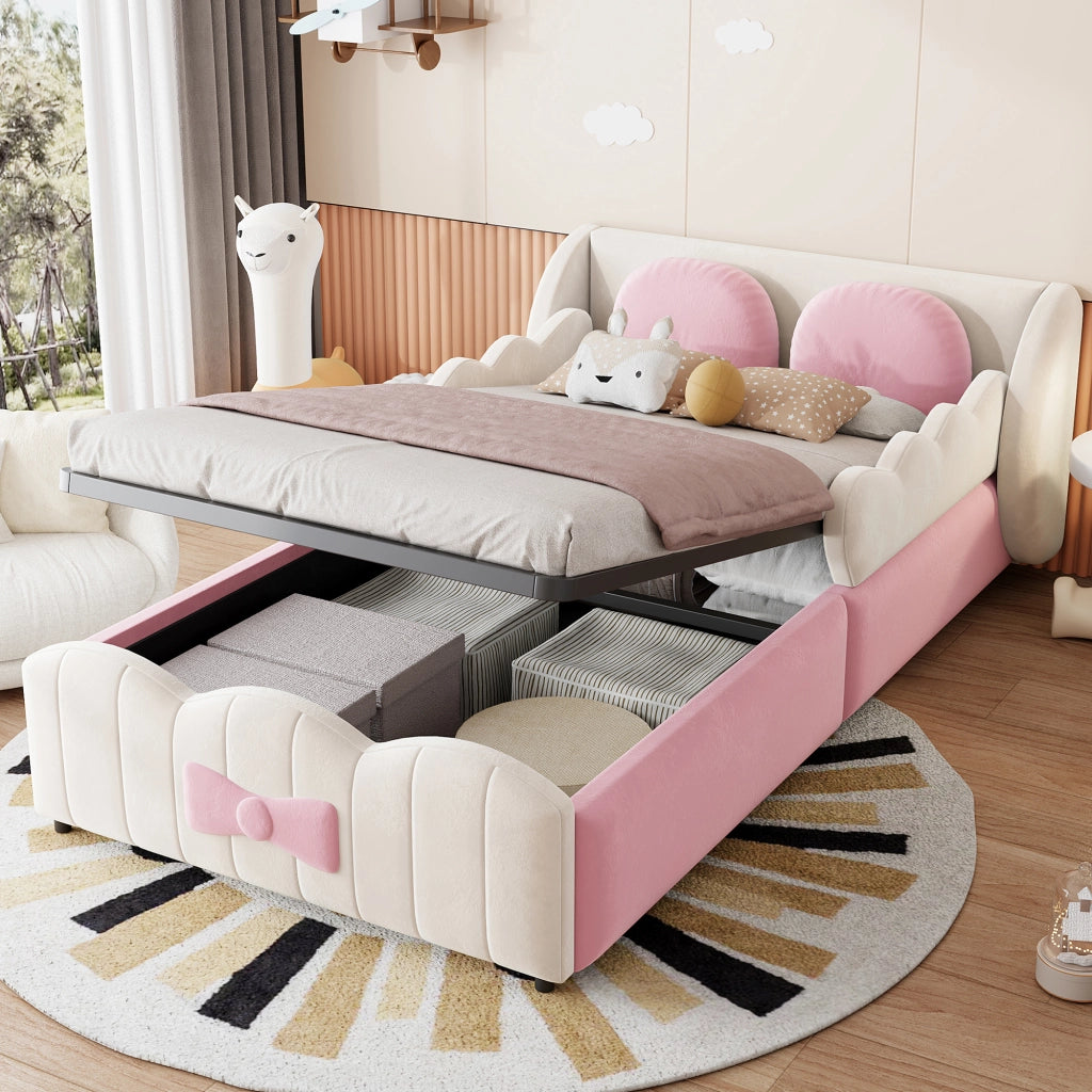Letto per bambini 90x200 cm con vano contenitore idraulico; velluto beige e 2 cuscini decorativi