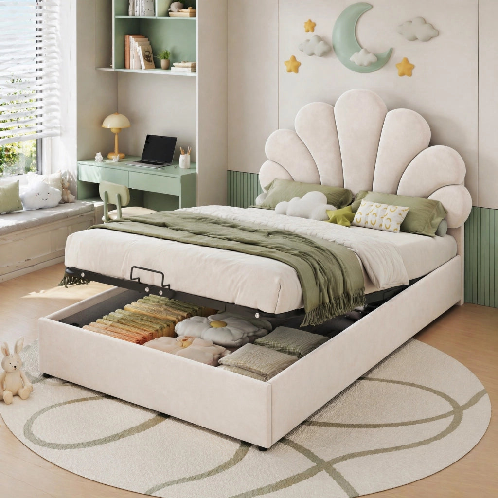 Letto singolo con contenitore 90 × 200 cm imbottito in velluto beige con testiera floreale e rete a doghe