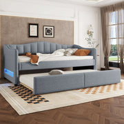 Daybed grigio in lino 90x200 cm con letto estraibile, luce LED ambiente regolabile e rete a doghe, senza materasso