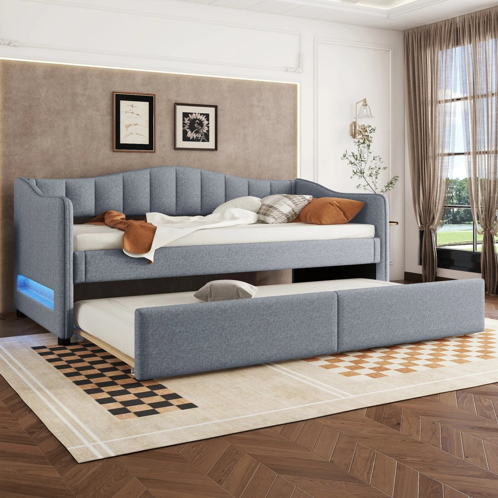 Daybed grigio in lino 90x200 cm con letto estraibile, luce LED ambiente regolabile e rete a doghe, senza materasso