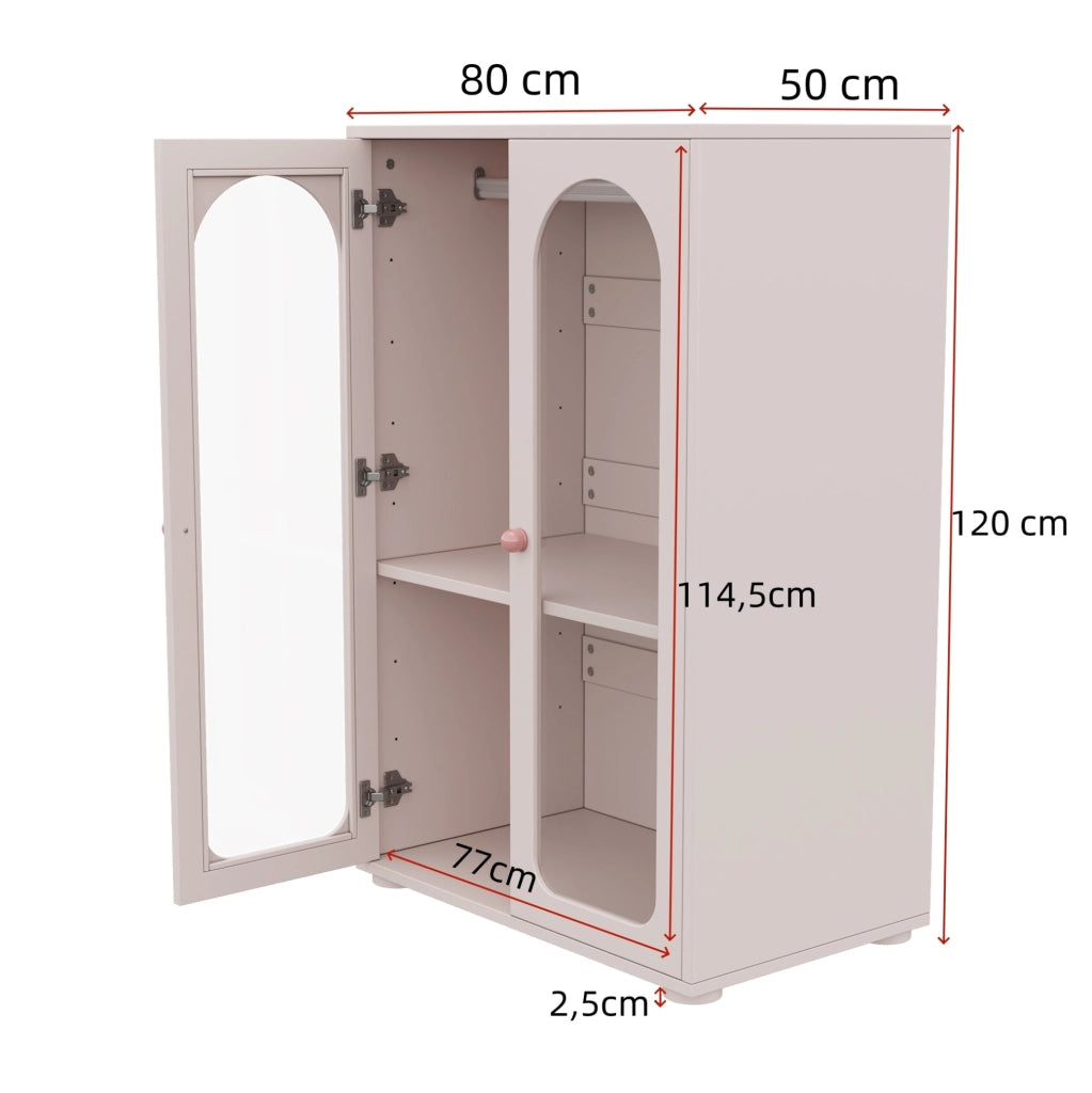 Armadio per bambini con 2 ante, finitura laccata, ante trasparenti in acrilico, pomelli in ceramica, rosa baby, 80×50×120 cm