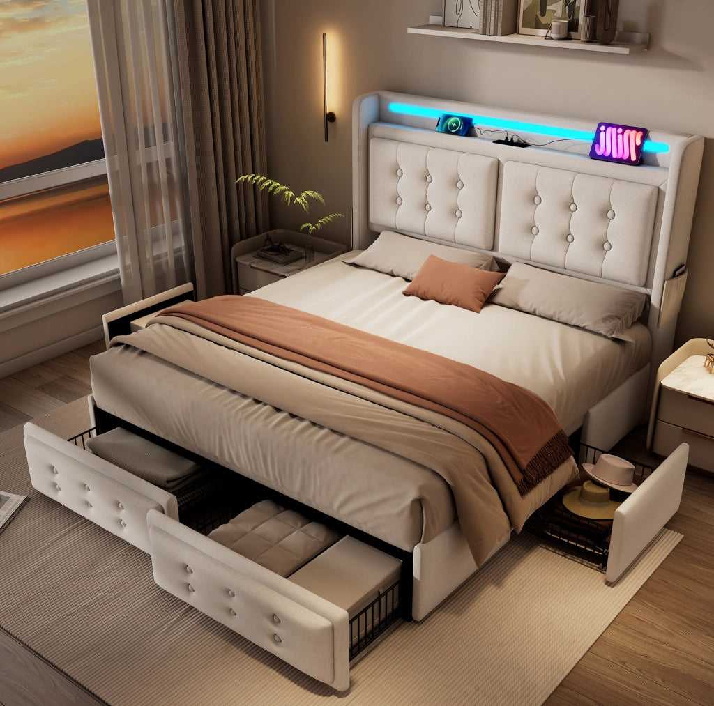 Letto matrimoniale 140x200 cm in cotone beige con LED, USB-C e 4 cassetti