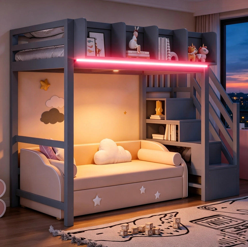 Letto a soppalco 90x200 cm con LED, ripiani e scala in pino, compensato e MDF grigio