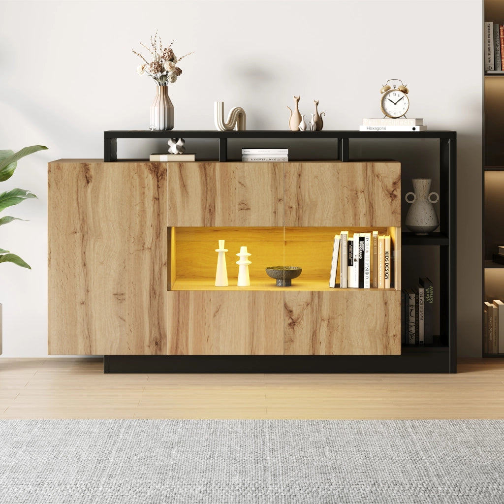 Credenza LED 140x44x94 cm in MDF effetto legno con controllo Bluetooth; ante in acrilico e vani