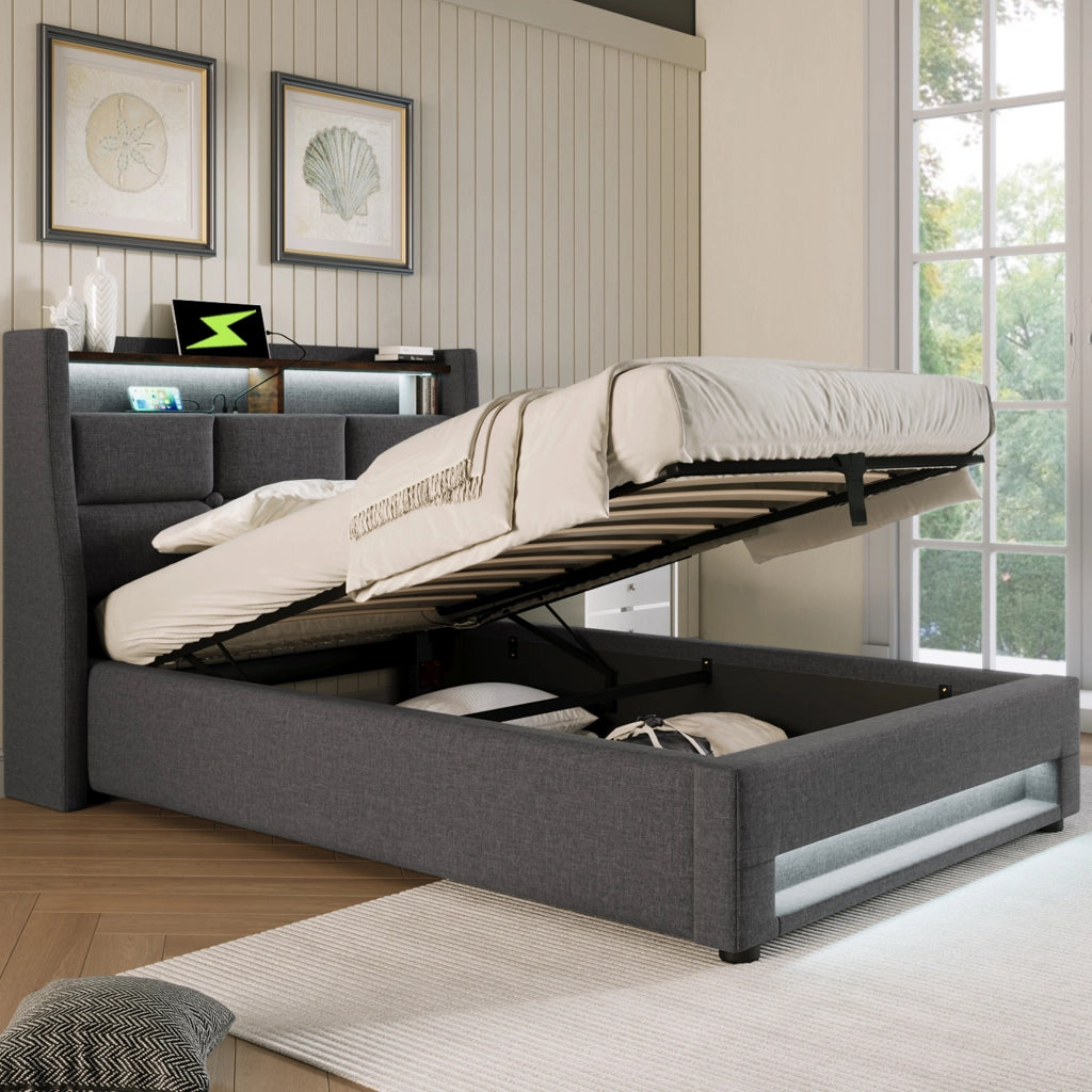 Letto imbottito 90x200 cm con LED; USB e contenitore; grigio