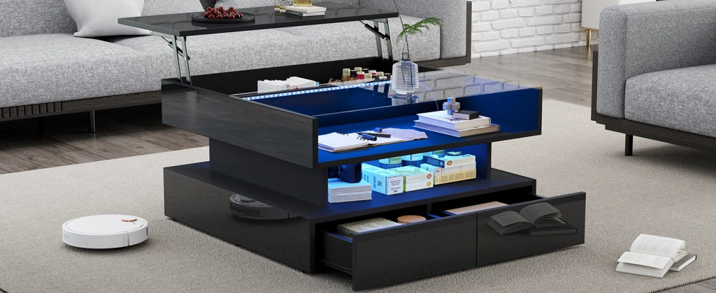 Tavolino da salotto sollevabile quadrato 80x80 cm nero con LED