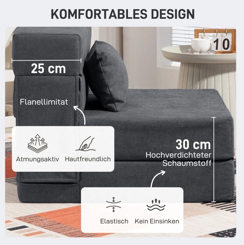 Poltrona Relax 3 in 1 con funzione letto, rivestimento in flanella grigio scuro, con cuscino lombare, ideale per soggiorno