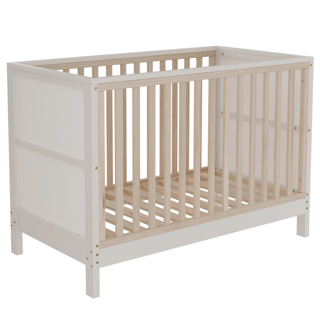 Letto bambino 120×60 cm con tavole da disegno e 3 altezze; trasformabile; senza materasso; legno naturale bianco