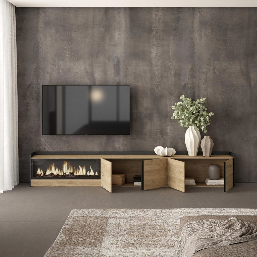 Mobile TV Soggiorno, 315x50x35 cm, Per TV fino a 80", Camino elettrico XXL, Rovere e nero