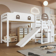 Letto a castello per bambini 90 × 200 cm 2 posti con scivolo, scala con 2 vani e finestre, senza materasso, bianco