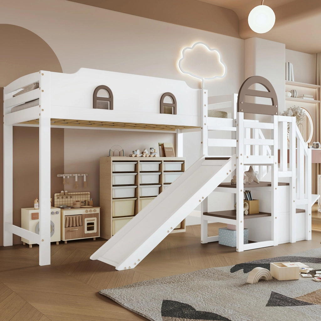 Letto a castello per bambini 90 × 200 cm 2 posti con scivolo, scala con 2 vani e finestre, senza materasso, bianco