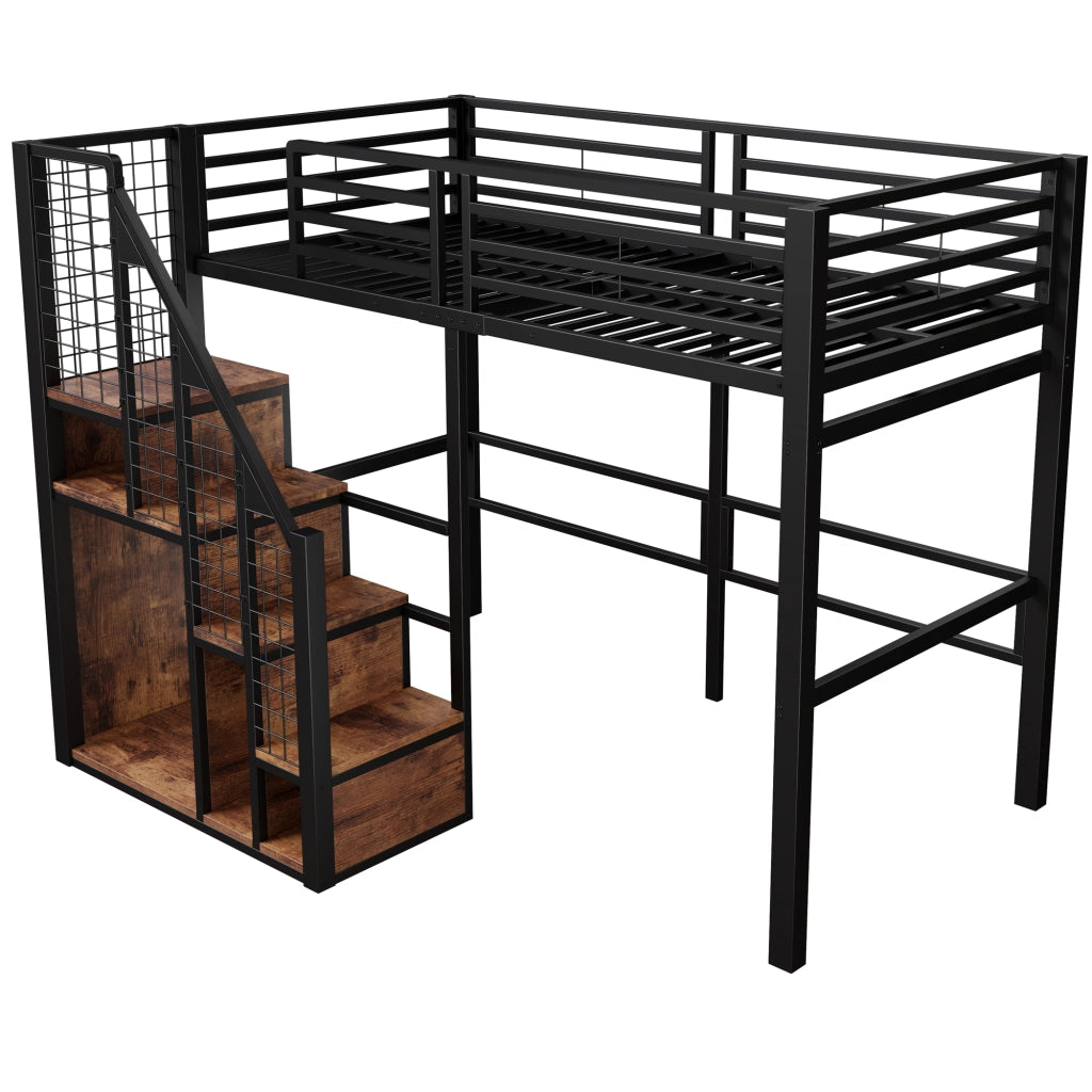 Letto a soppalco 90 x 200 cm in metallo nero con scala e spazio contenitore
