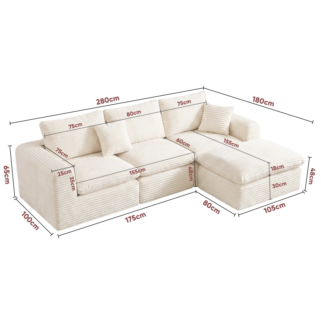 Divano modulare a 3 elementi configurabile con rivestimento in velluto a coste beige