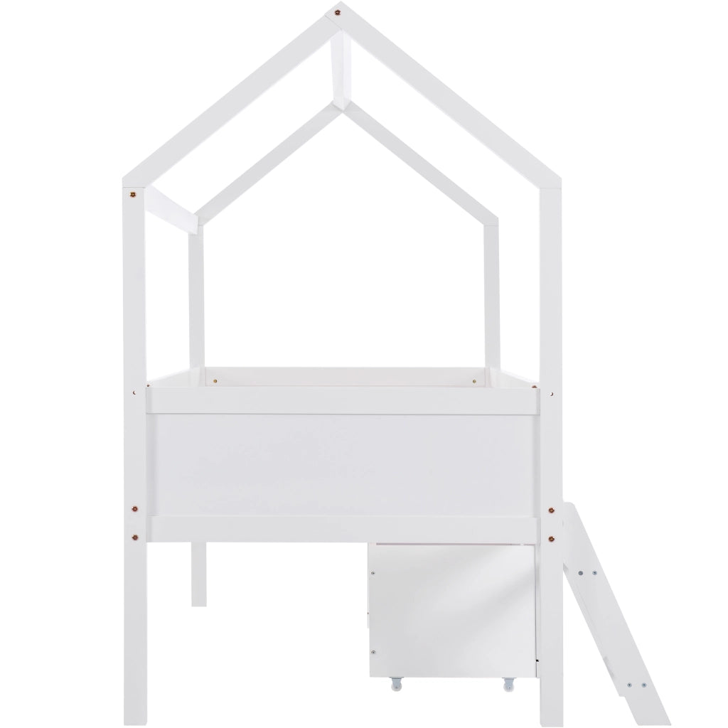 Letto a casetta 90 × 200 cm con cassetti e vani portaoggetti in legno bianco con scala e barriera anticaduta