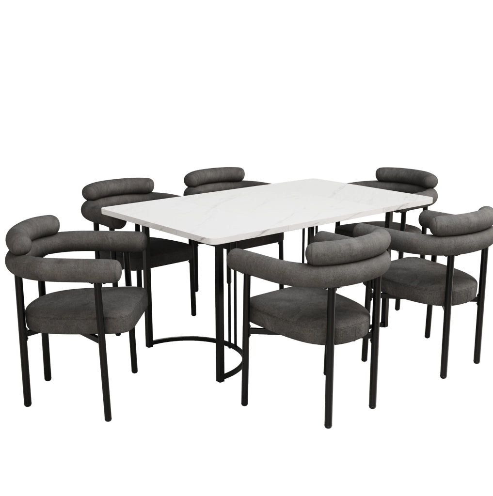 Set tavolo da pranzo con 6 sedie in velluto grigio scuro; tavolo 140x80 cm bianco
