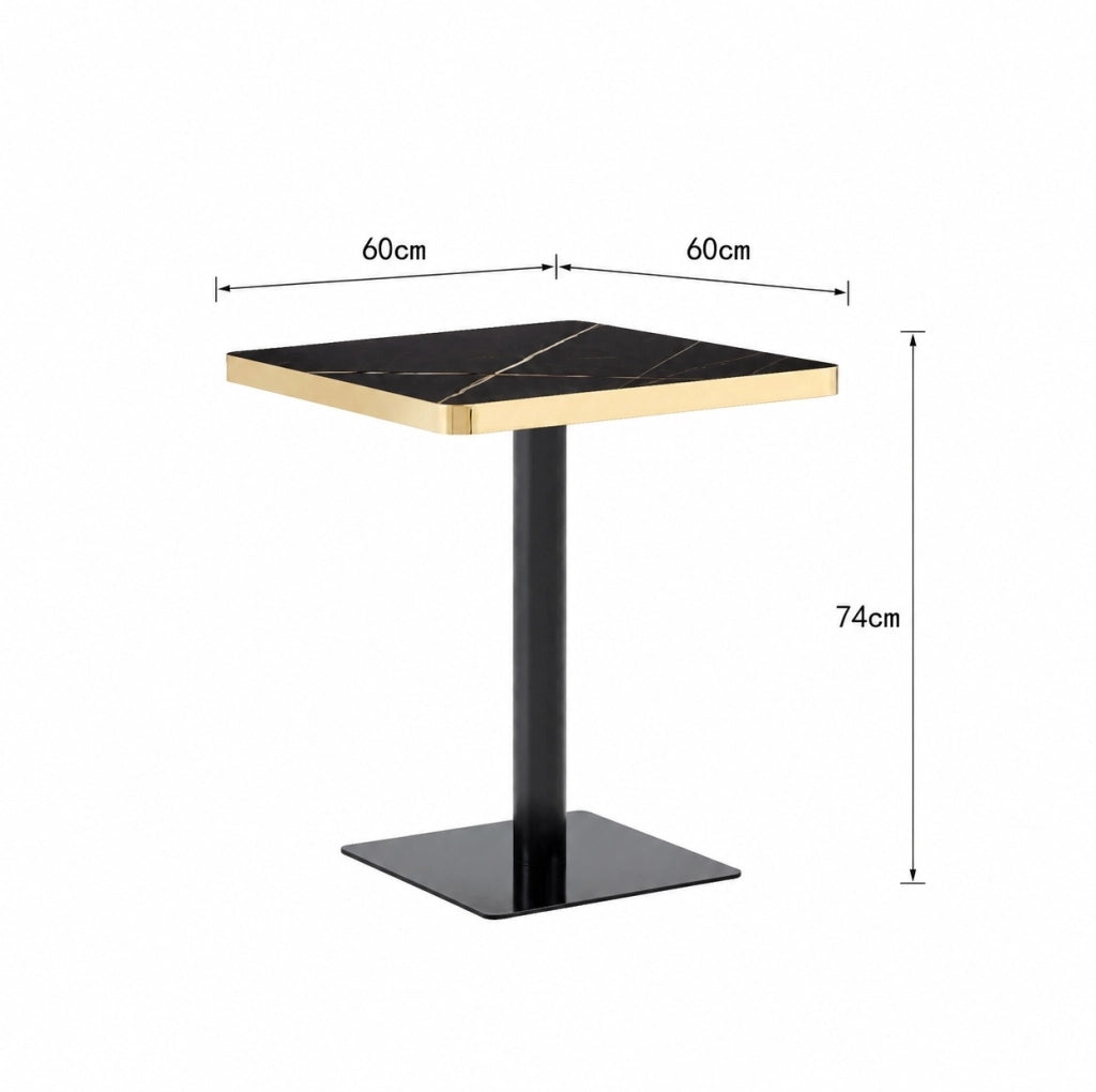 Tavolo quadrato 60x60 cm effetto marmo nero con bordo dorato e base in metallo