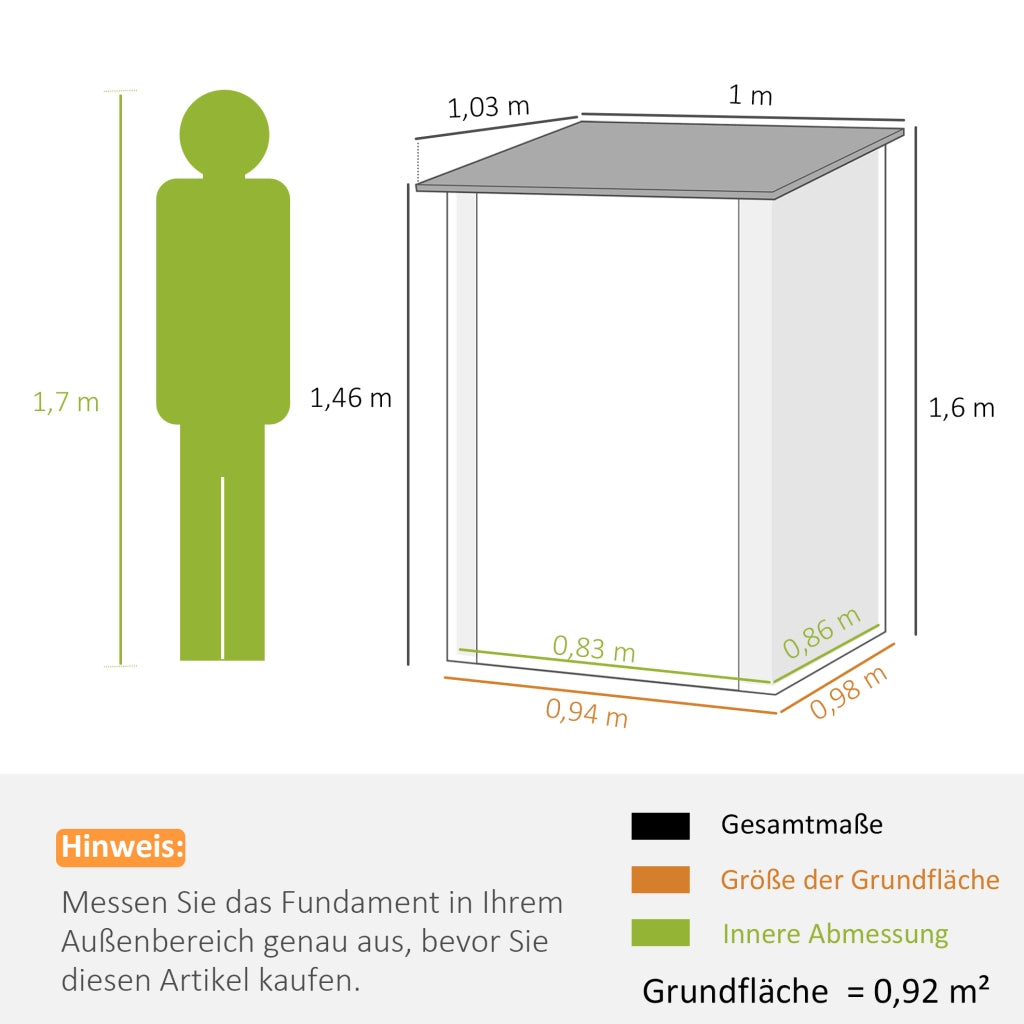 Casetta da Giardino in Acciaio 0,92 m² con Porta Chiudibile e Tetto a Falde, 100x103x160 cm, Grigio