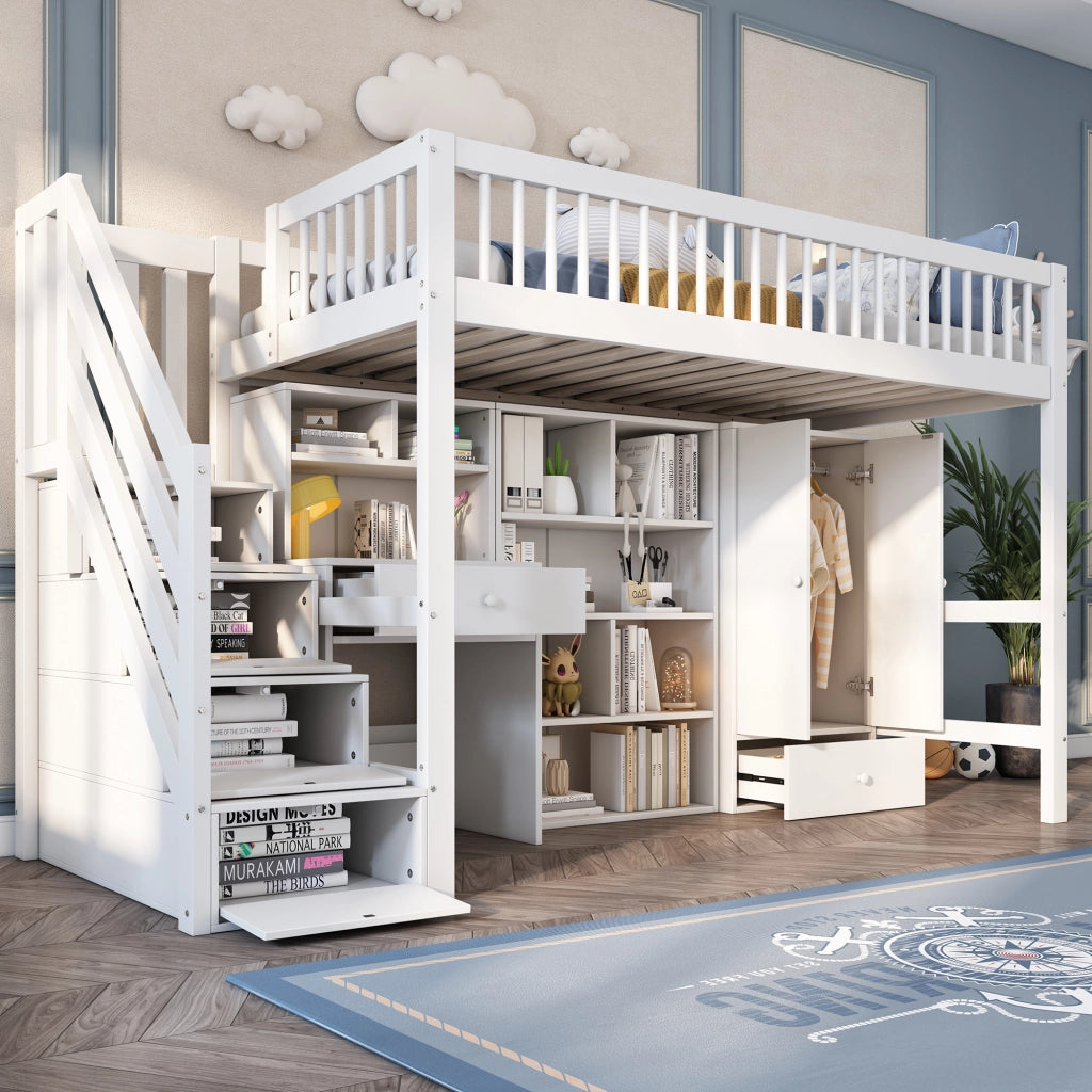 OKWISH Letto Bambino 90×200 cm, Letto Singolo con Scala Contenitore, Scrivania, Armadietti e Armadio, senza Materasso, Bianco