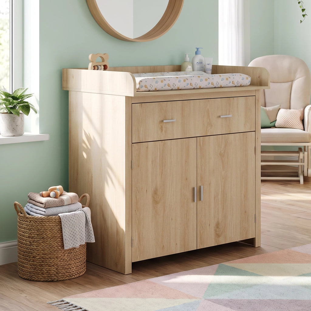 Comò Starler con Piano Fasciatoio Rimovibile Cassetto e Scomparto Chiuso 104 x 96 x 77 cm - Effetto Rovere [en.casa]