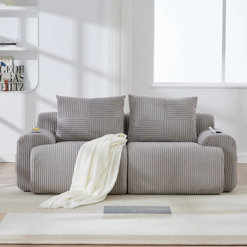 Divano modulare 2 posti 200x99x80 cm in velluto a coste grigio chiaro