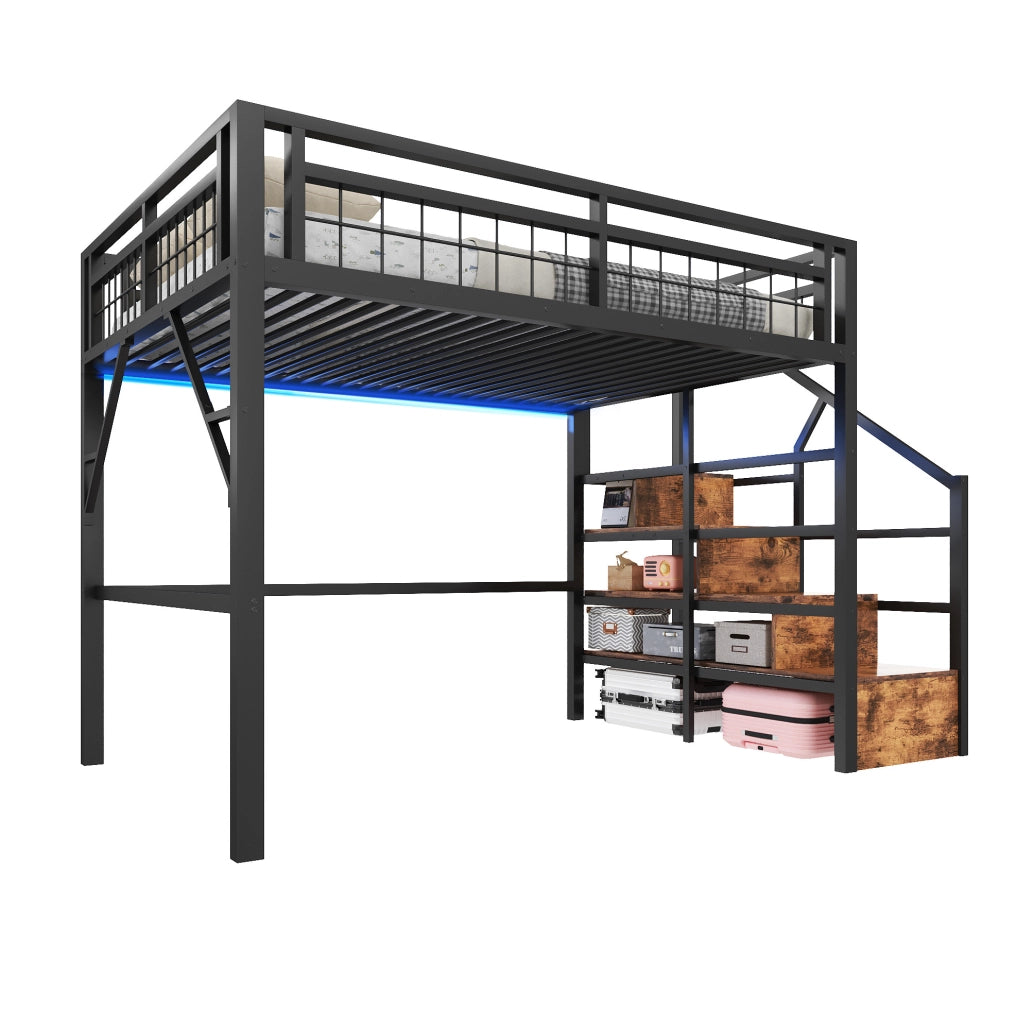Letto a soppalco 140x200 cm con LED e scale contenitore in metallo nero