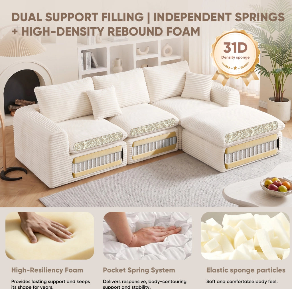 DIVANO Modulare 3-in-1 Beige in Velluto a Coste Set 3 Moduli