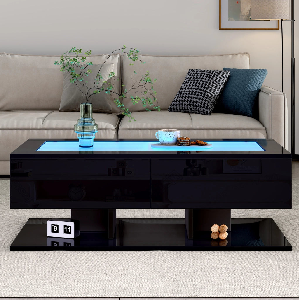 Tavolino da caff¨¨ 100x50x35 cm con 2 cassetti, LED e vetro temprato nero