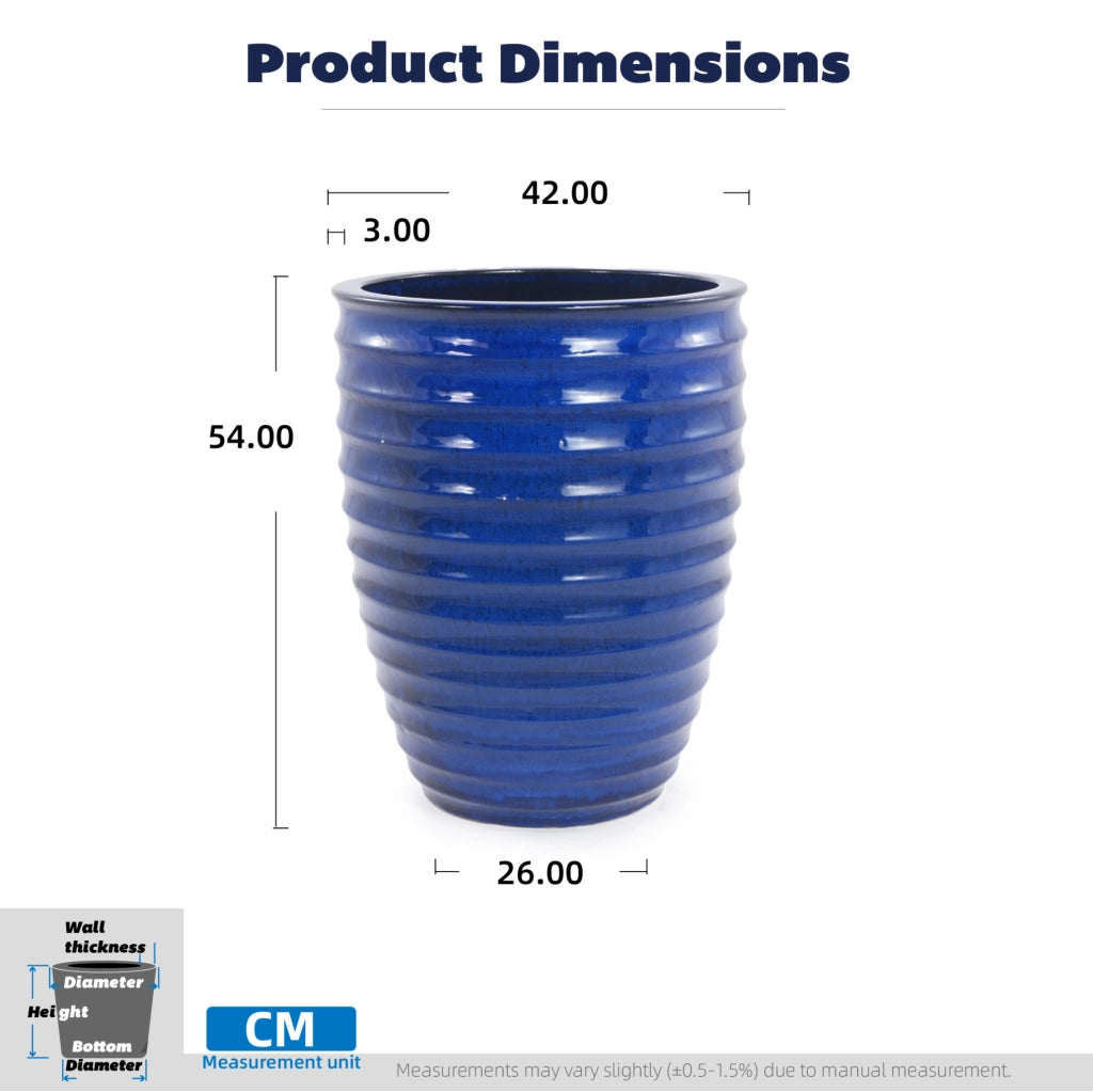 Grande Vaso da Fioriera in Ceramica Artigianale, Ø 42 cm × 54 cm, Blu Reale Lucido con Texture a Righe, Traspirante e Resistente al Gelo con Fori di Drenaggio