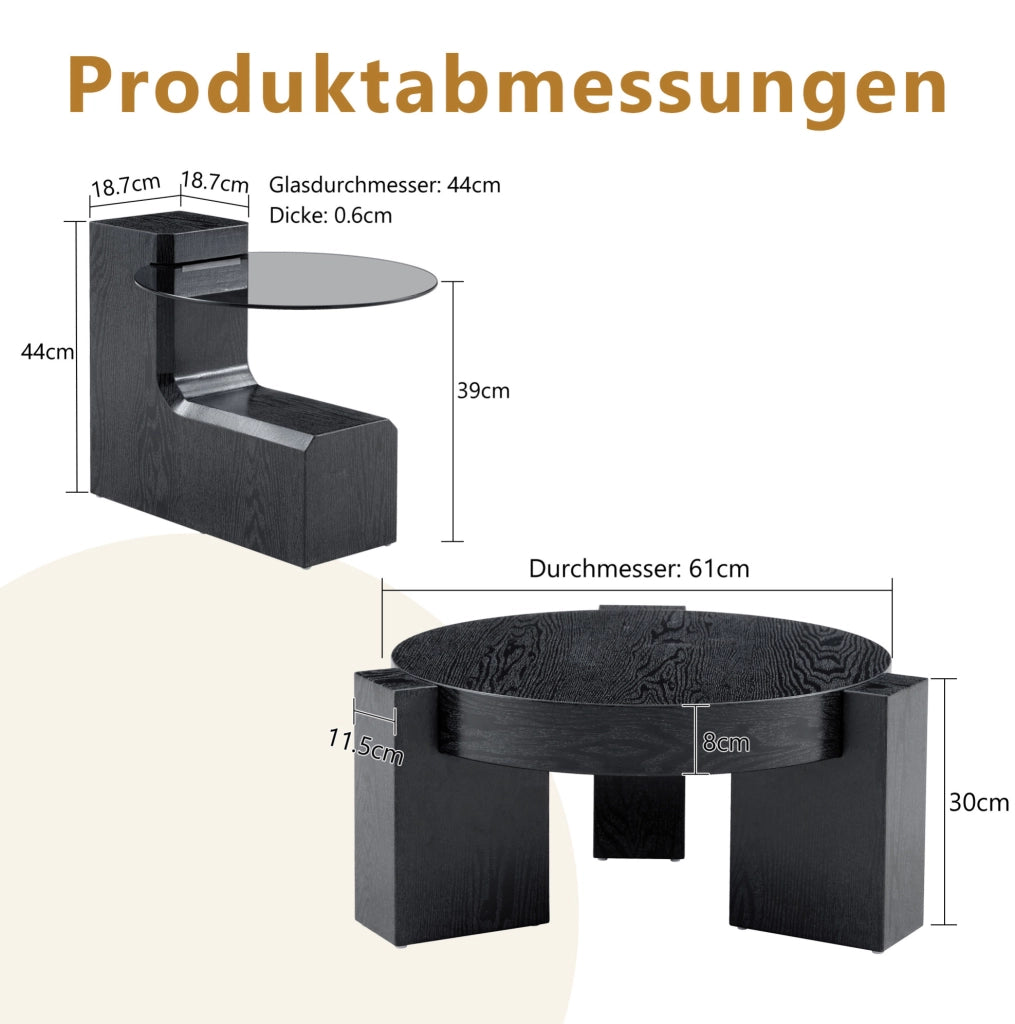 Set di tavolini da salotto rotondi separabili con piano in vetro trasparente grigio e base in MDF effetto legno nero