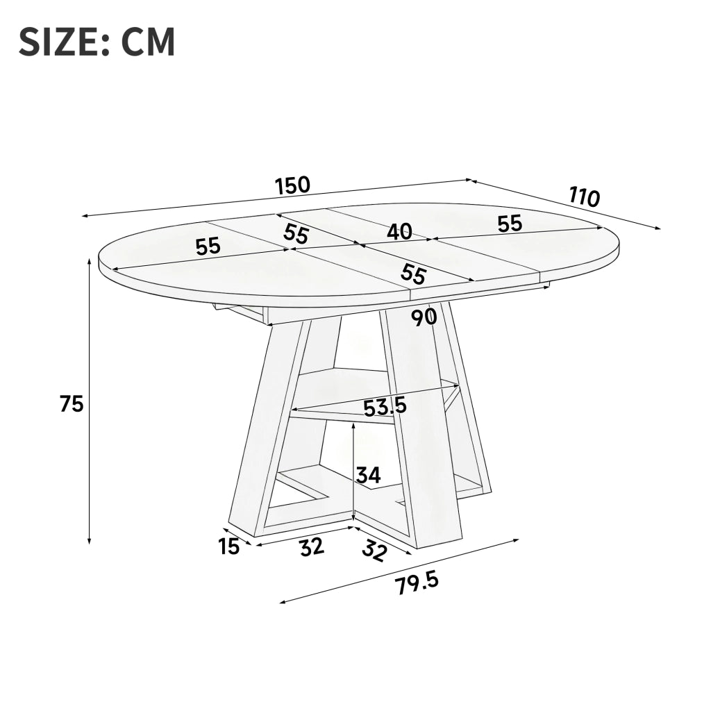 Tavolo da Pranzo Rotondo/Ovale Allungabile Ø110/150x110 cm con Ripiano LEMONMAX; 4-6 Posti; Allunga Integrata; Effetto Legno Nero