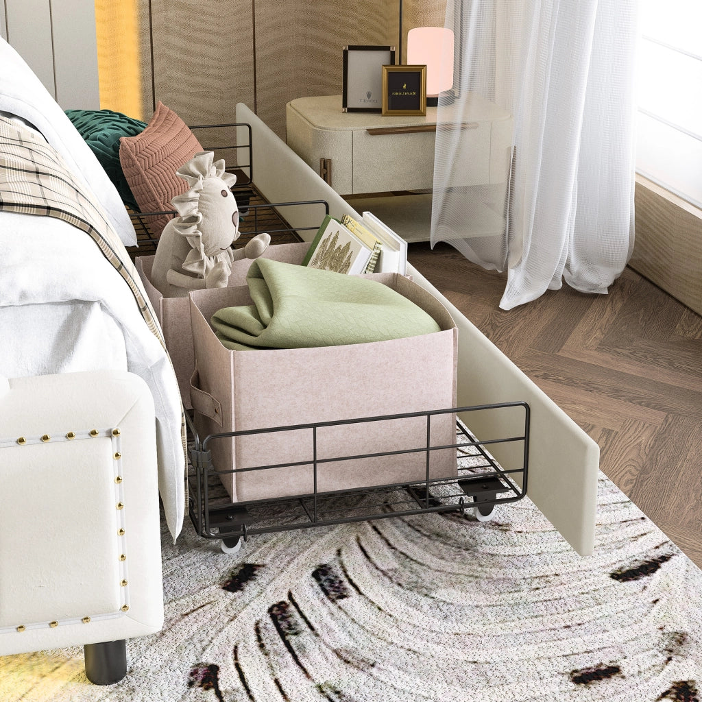 Letto con cassetti 160 × 200 cm in velluto beige con LED a 7 colori e finiture decorative in acciaio inox