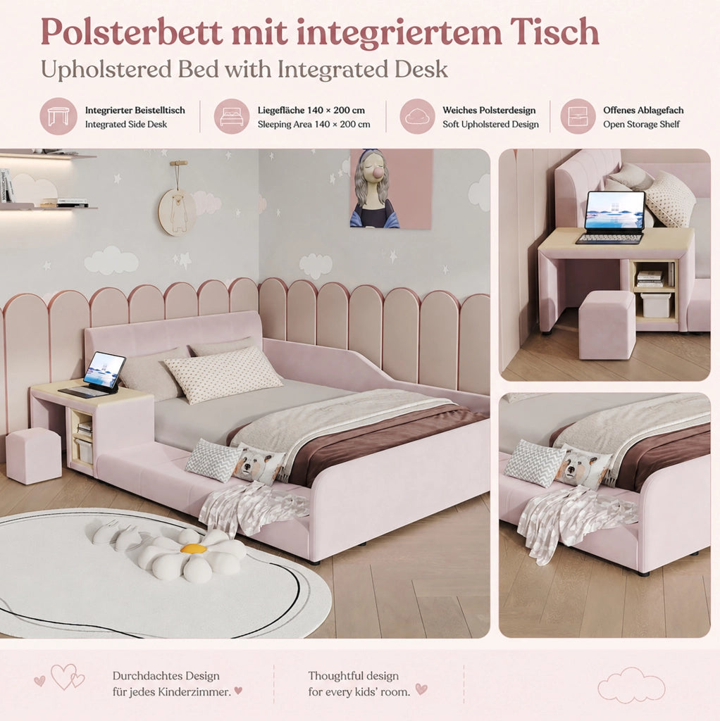 Letto imbottito rosa 140x200 con scrivania e sgabello