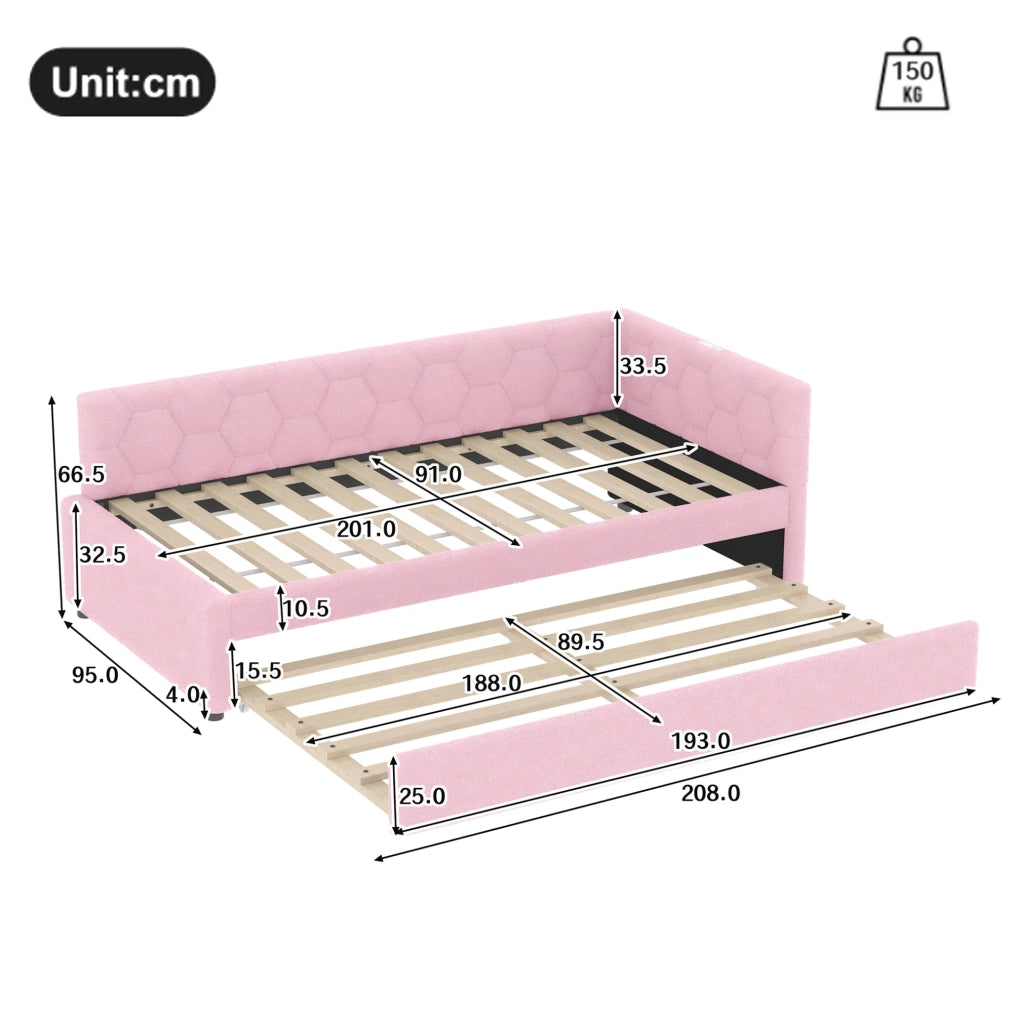 LETTO 90x200 cm in Bouclé Rosa con letto estraibile, USB e Tipo-C