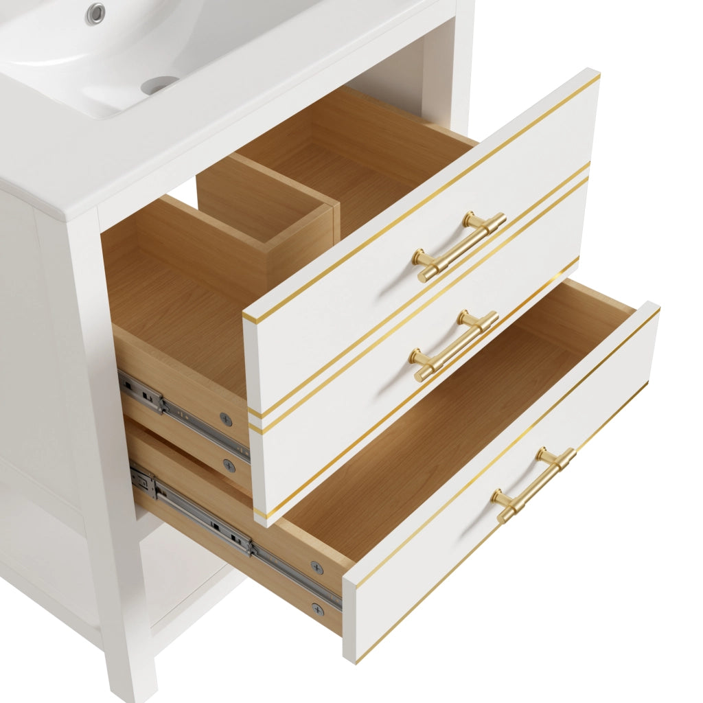 Mobiletto con lavabo da bagno a terra in MDF con lavabo in ceramica 2 cassetti vano aperto bianco e oro 76 cm