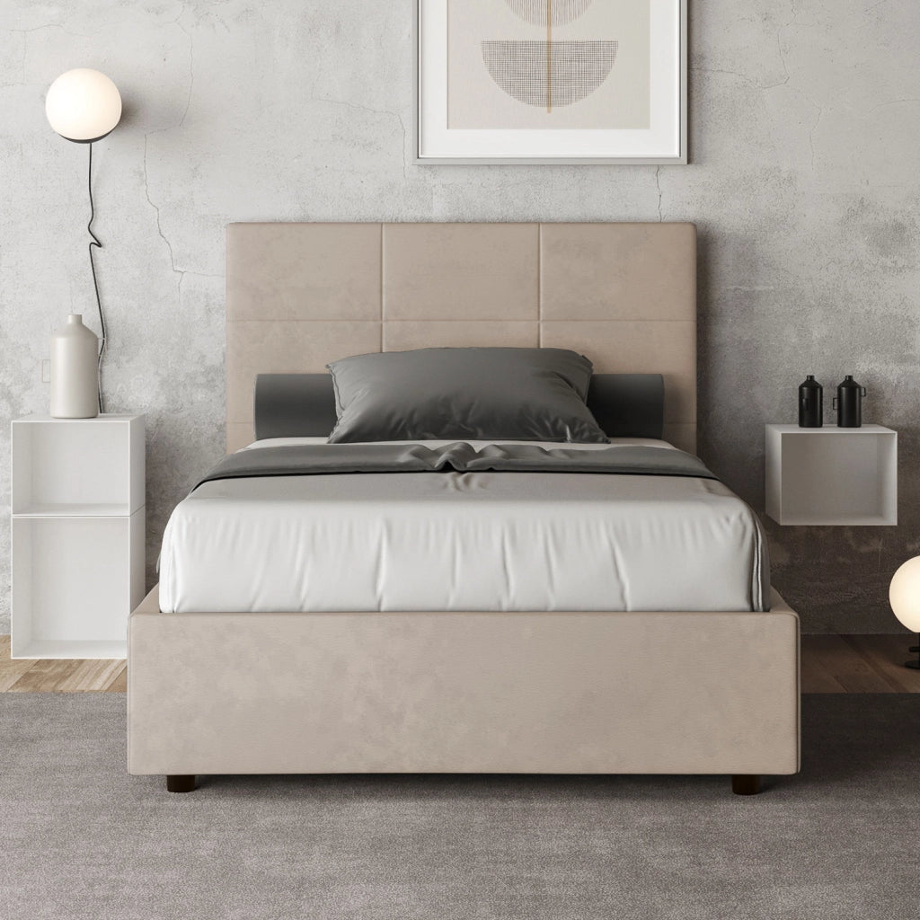 BS COM Letto una piazza e mezza contenitore imbottito 120x200 microfibra sabbia