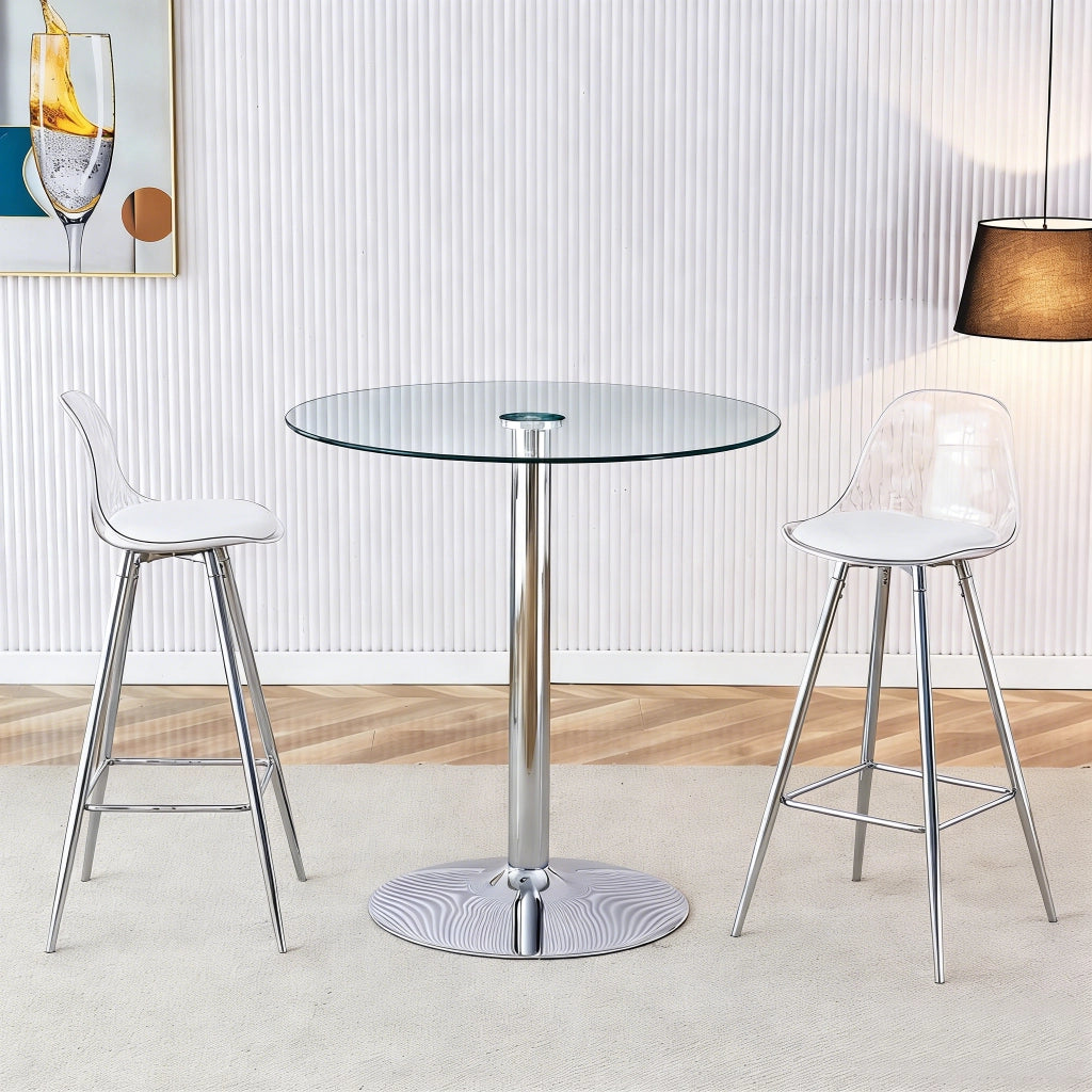 Set Bar Flessibile: Tavolo Rotondo in Vetro Trasparente Ø 89 cm + 2 Sgabelli da Bar con Gambe Argentate, Salvaspazio e Versatile