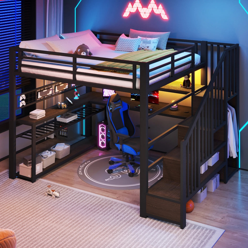 Letto a soppalco 140 × 200 cm con scrivania armadio LED RGB e vani portaoggetti in metallo e MDF nero