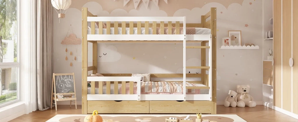 Letto a castello in legno 90x200 cm, bianco/naturale, divisibile in 2 letti singoli, con scala, protezione anticaduta rialzata e 2 cassetti