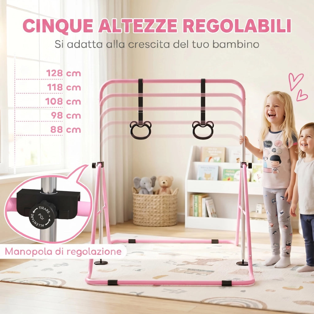Sbarra da ginnastica artistica per bambini in acciaio rosa con 2 anelli, altezza regolabile e pieghevole, 148x105x88-128 cm, per casa