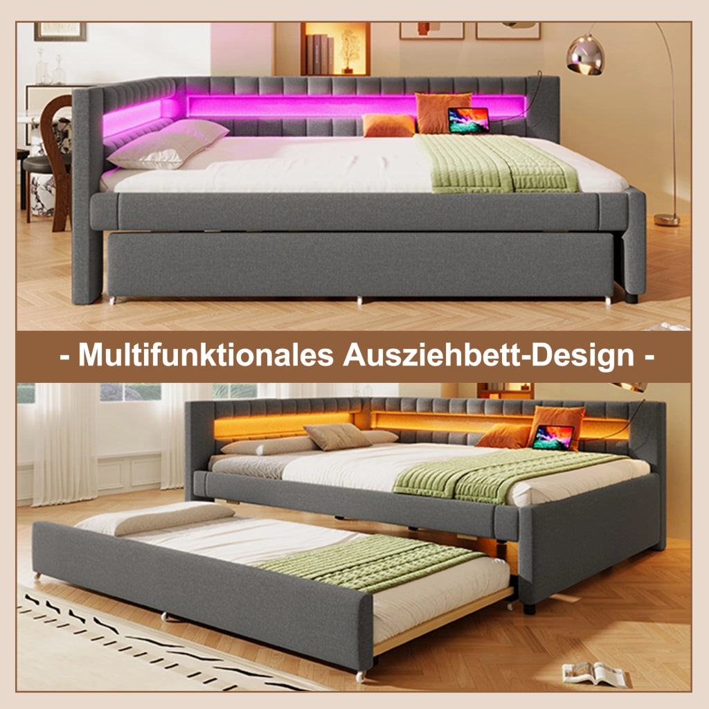 Letto divano 140 × 200 cm 3 posti con letto estraibile 90 × 190 cm; LED; USB e Type-C; senza materasso; grigio
