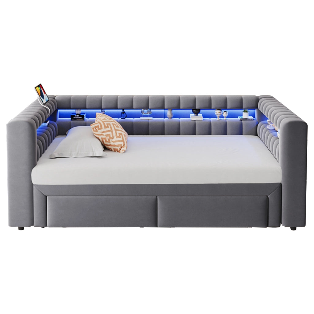 Divano letto 90 × 190 cm trasformabile in letto 180 × 190 cm con cassetti LED USB rivestito in velluto grigio