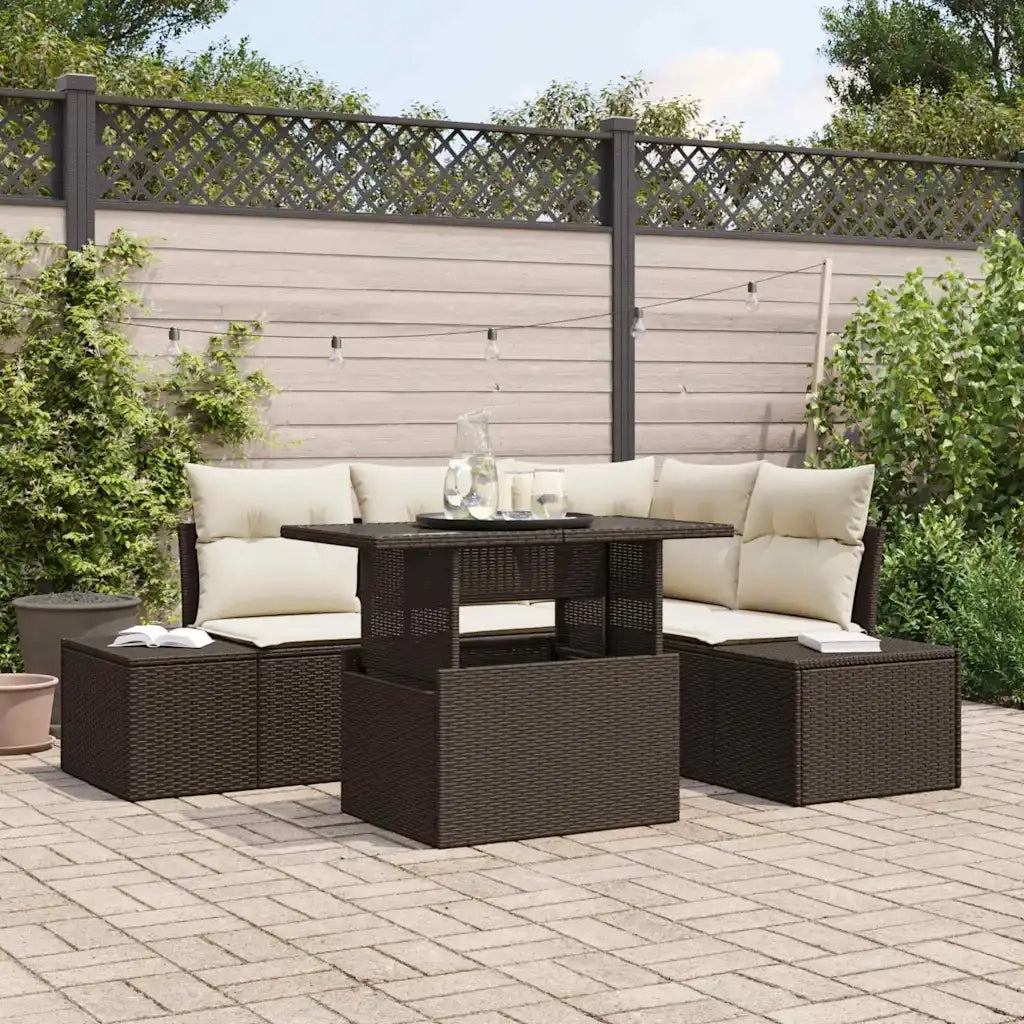 Set Divano da Giardino con cuscino 5 pcs Marrone polyrattan