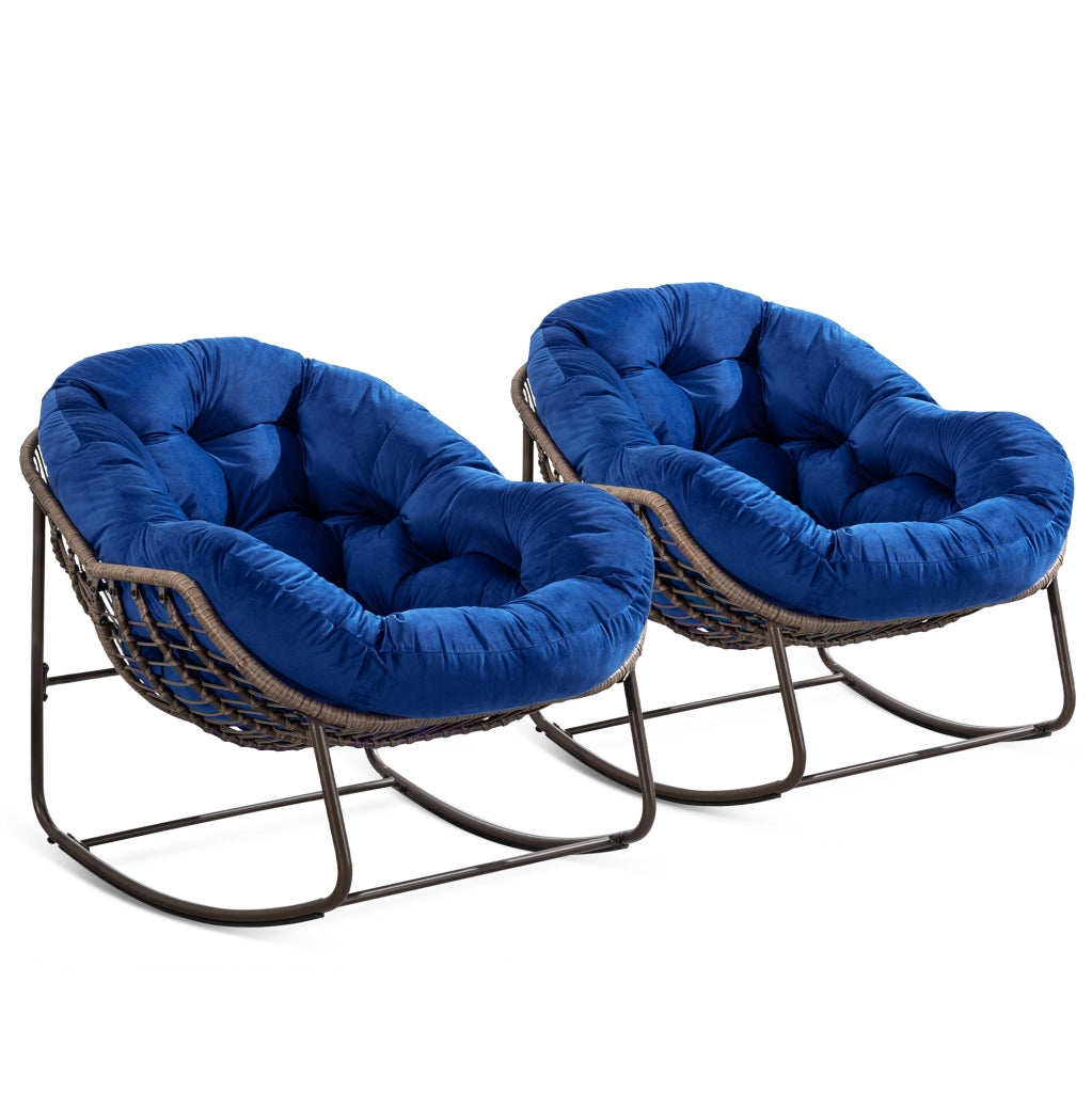 Sedia a Dondolo da Esterno in Rattan Sintetico con Cuscino Imbottito, Blu Navy, 78x106x90 cm
