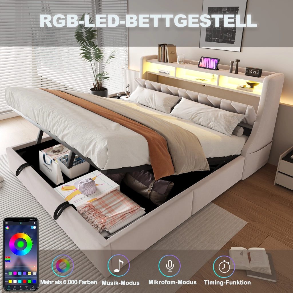 Letto contenitore 180 × 200 cm con testiera imbottita in velluto beige LED USB