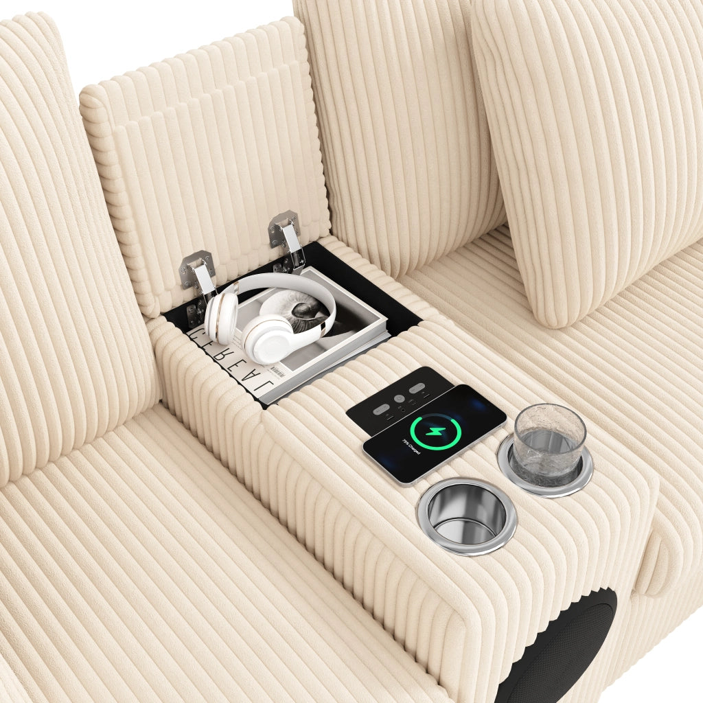 Divano modulare a U e L da 4 a 6 posti in velluto a coste beige con console Bluetooth ricarica e portabevande